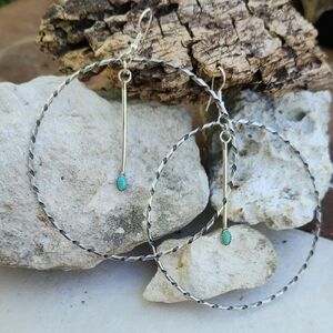 Twisted Silver Hoop Earrings with Turquoise Drop